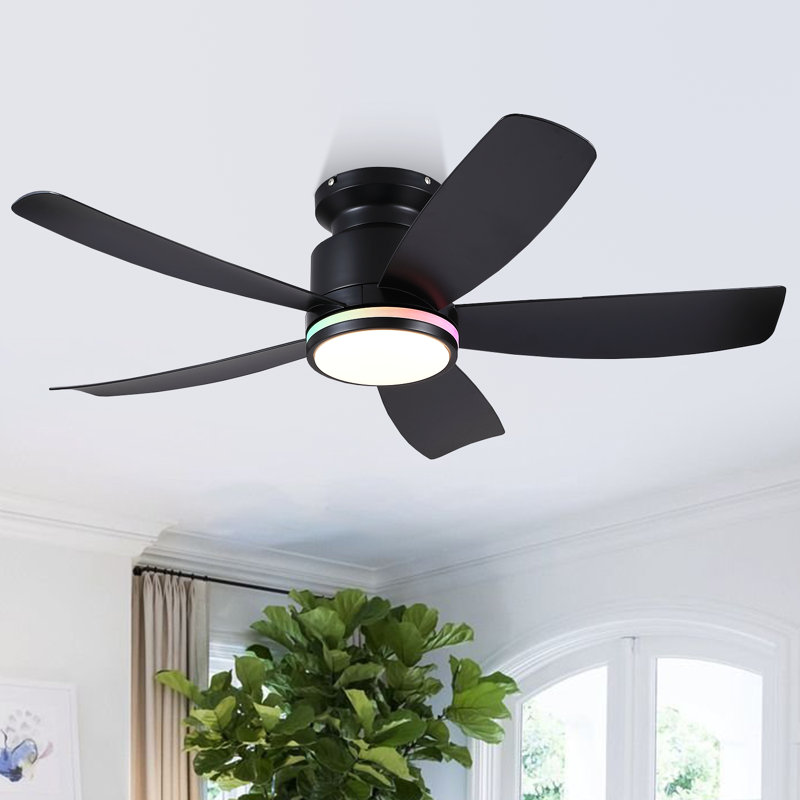 41" 5-blade Flush Mount Indoor Ceiling Fan With Light And Remote/app Control, Black-RGB