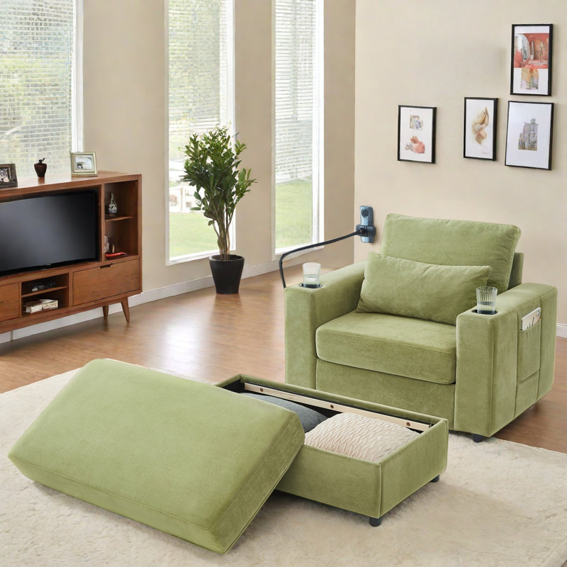 Upholstered Armchair With Storage Ottoman & USB Ports, Green