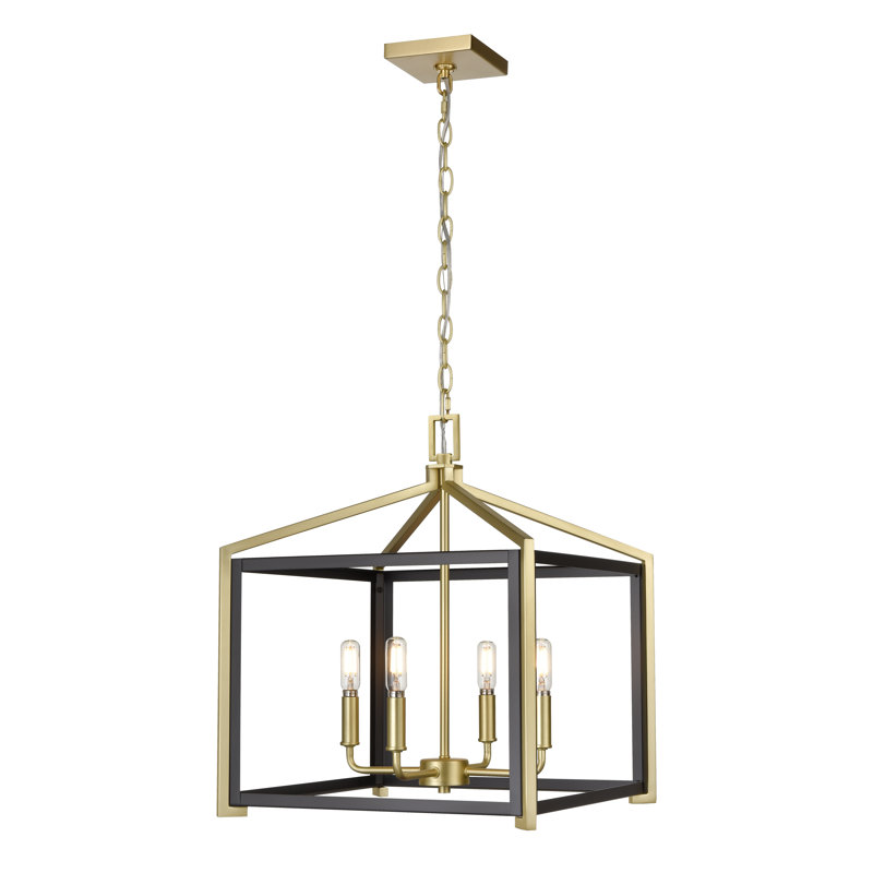 4 - Light Dimmable Lantern Modern Linear Chandelier, 18.75" H x 16" W x 16" D, Black/Polished Nickel