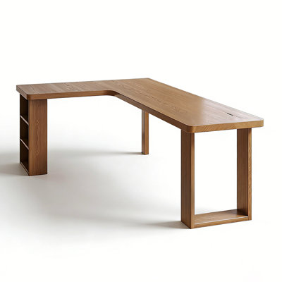 Bureau en coin en L en bois massif avec pieds de rangement