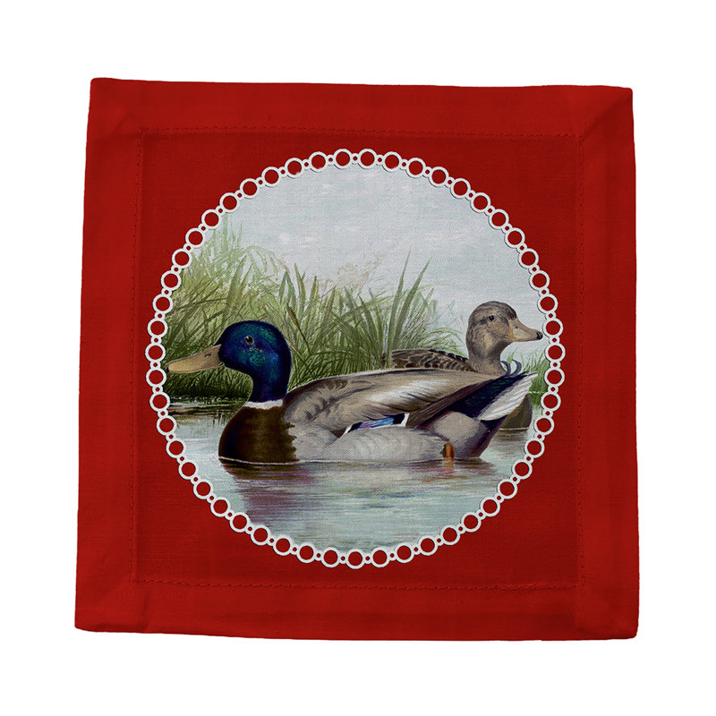 English Duck Pond Cotton Sateen Cocktail Napkins, Red