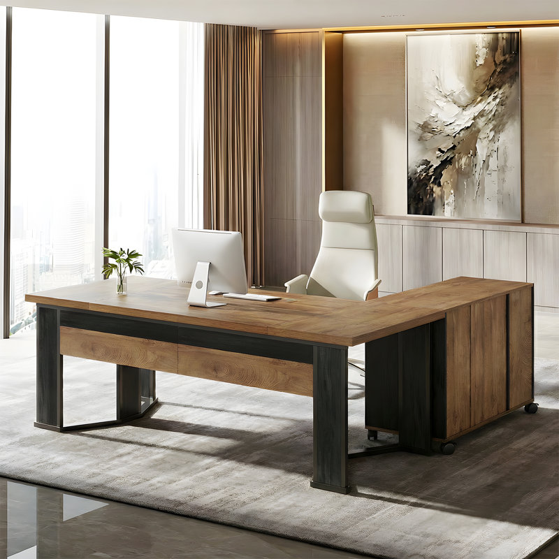 Barbrook 70.86" L-Shaped Executive Desk and Mobile Lateral File Cabinet 2-Piece Set, Light Brown