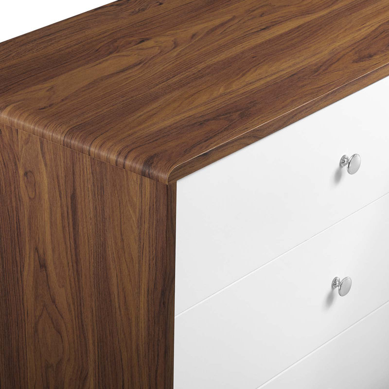 Mid-Century White and Walnut 5-Drawer Dresser with Chrome Pulls