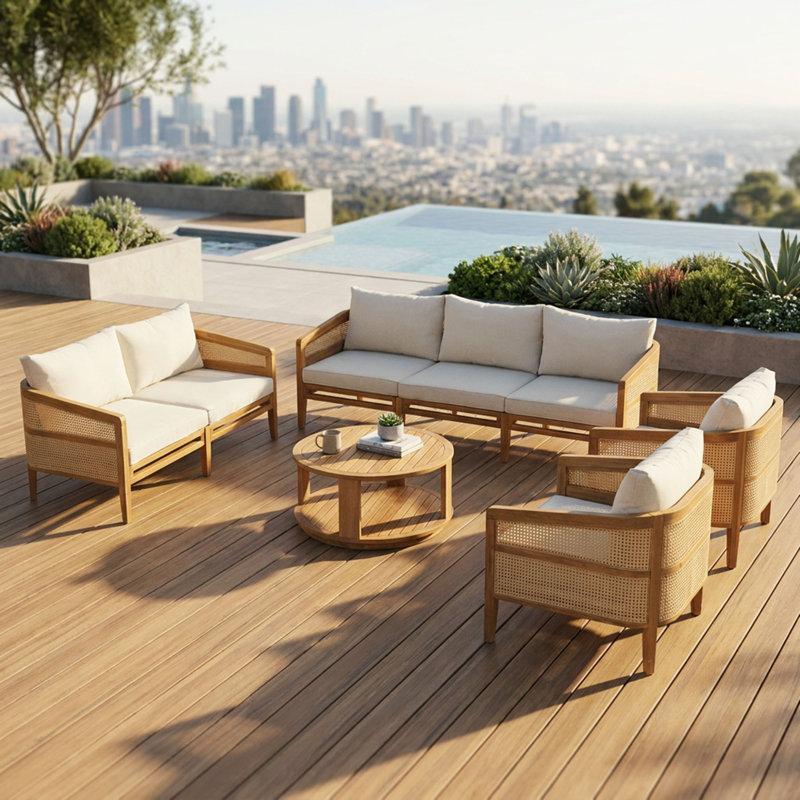 Ensemble de canapés de patio modulaires 5 pièces, bois d'acacia et rotin PE, ensemble de patio moderne