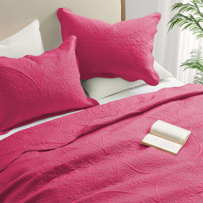 Floral Embossed Quilt Set, Pink, Full/Queen Bedspread + 2 Standard Shams