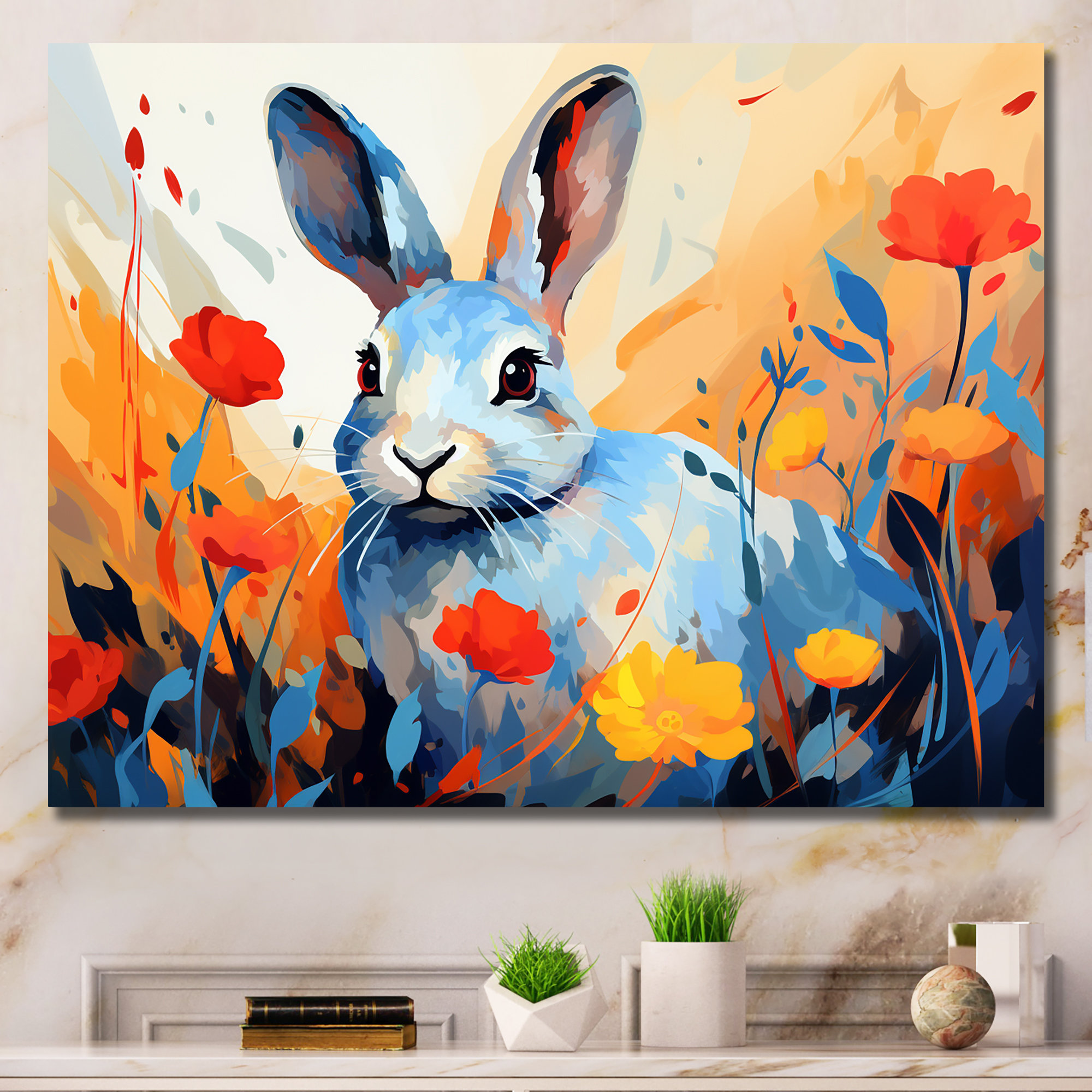 Rosalind Wheeler Blue Rabbit Flower Meadows - Rabbit Animal Wall Art ...