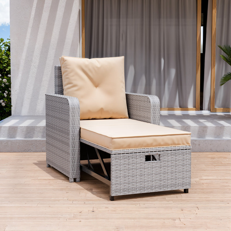 Convertible Wicker Chaise Lounge with Adjustable Backrest, Beige, Gray