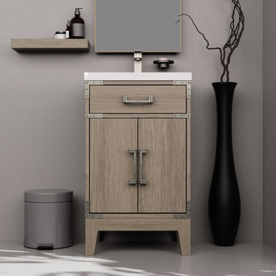 Grey Oak Bathroom Vanity With Polished Acrylic Countertop & 18 In. Mirror - Elegant Style Handcrafted Top W