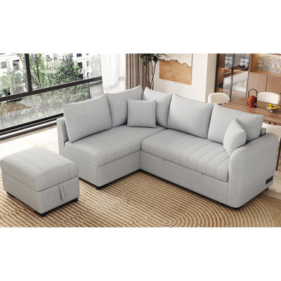 Lit modulaire en forme de L en gris, avec fonction coulissante, rangement mobile et prises de courant pour une maison moderne grise, rangement, 2 ports et siège moelleux