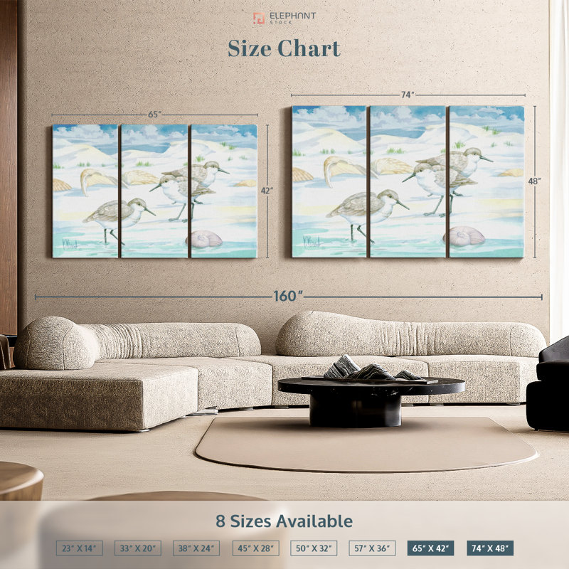 «Shell Island Sandpipers», 3 pièces, H 48 po x l 74 po x P 1,25 po