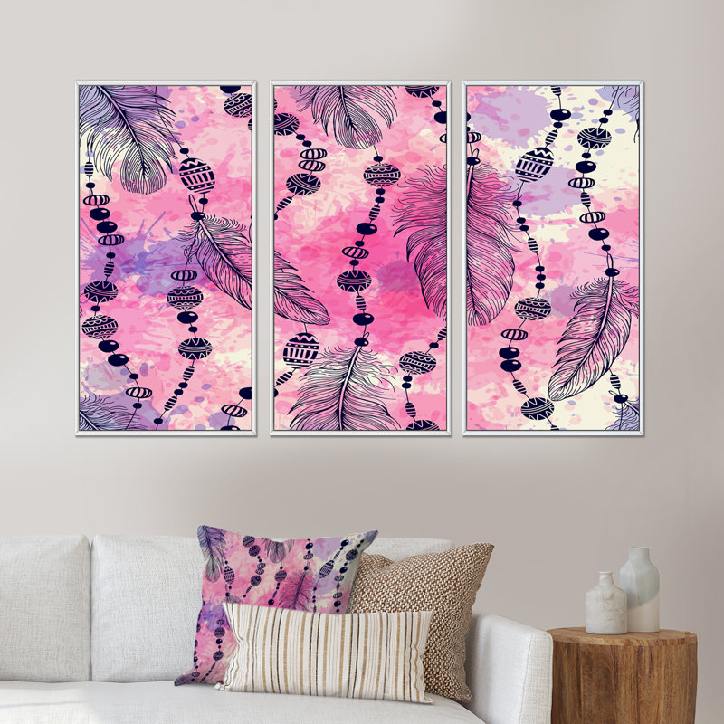«Pink and Purple Boho Feathers», ensemble de 3 impressions sur toile à cadre flottant, H 28 po x l 36 po x P 1 po