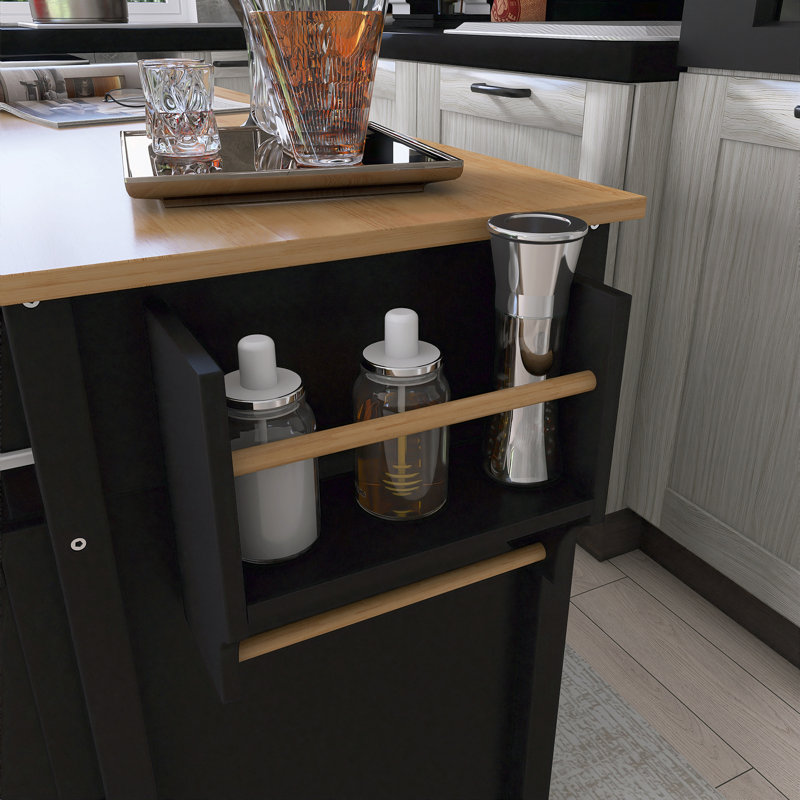 54.3" Solid Wood Countertop Kitchen Cart With Spice Rack & Towel Rack, Black