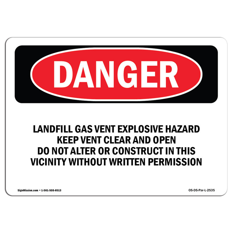 Panneau de danger d'explosion de gaz de décharge, H 12 po x l 18 po x P 0,1 po