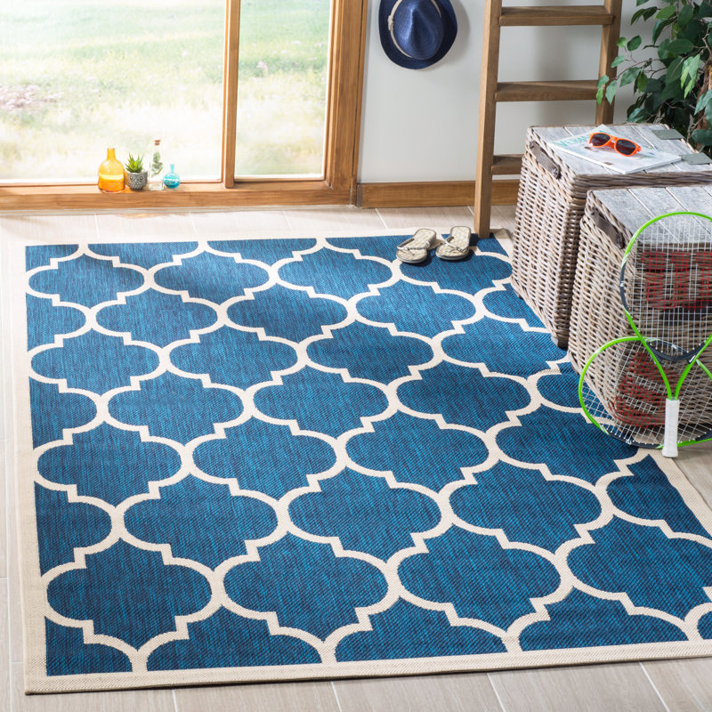 Courtyard Performance Geometric Indoor/Outdoor Area Rug, Rectangle 5'3" x 7'7", Beige/Navy