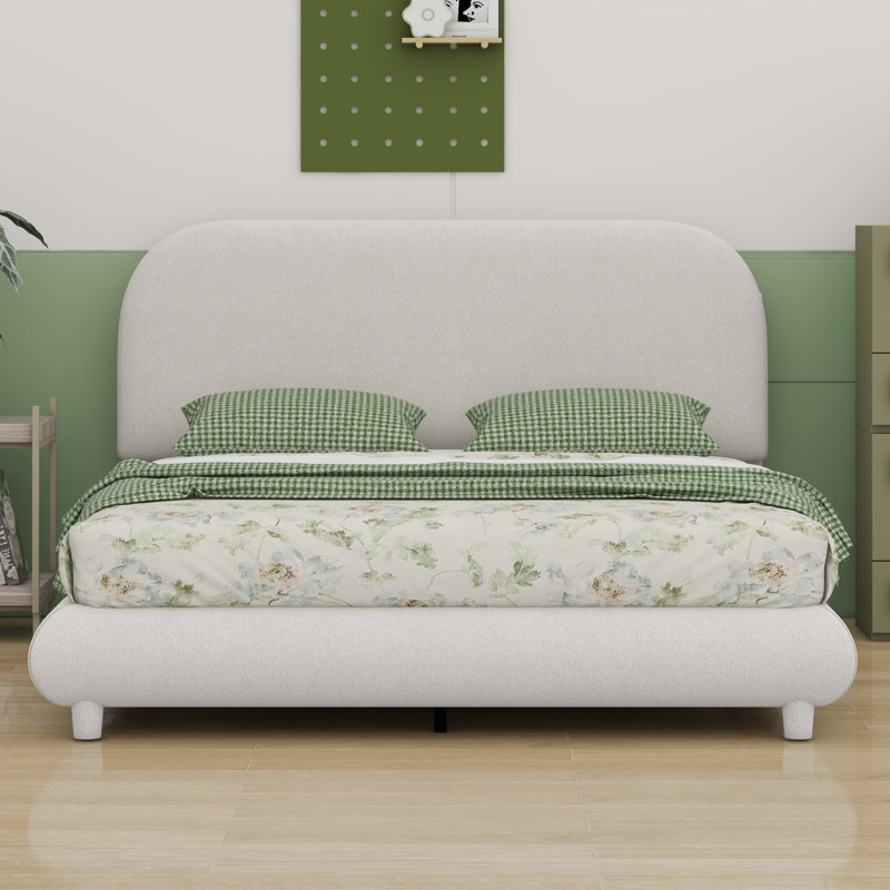 Lit plateforme tapissier avec tissu épais, structure solide et design courbé élégant, Double , Beige