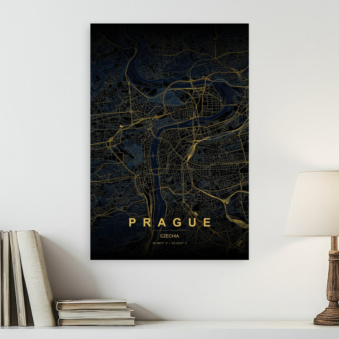 Golden Prague Map Abstract Modern Architecture City Wall Art Print