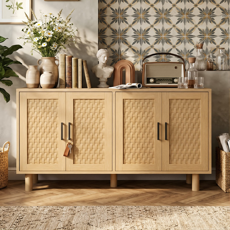 140cm 4-Door Faux Rattan Sideboard with Adjustable Shelves, Japandi PVC Woven Storage Cabinet with Metal Handles, Oak / Black