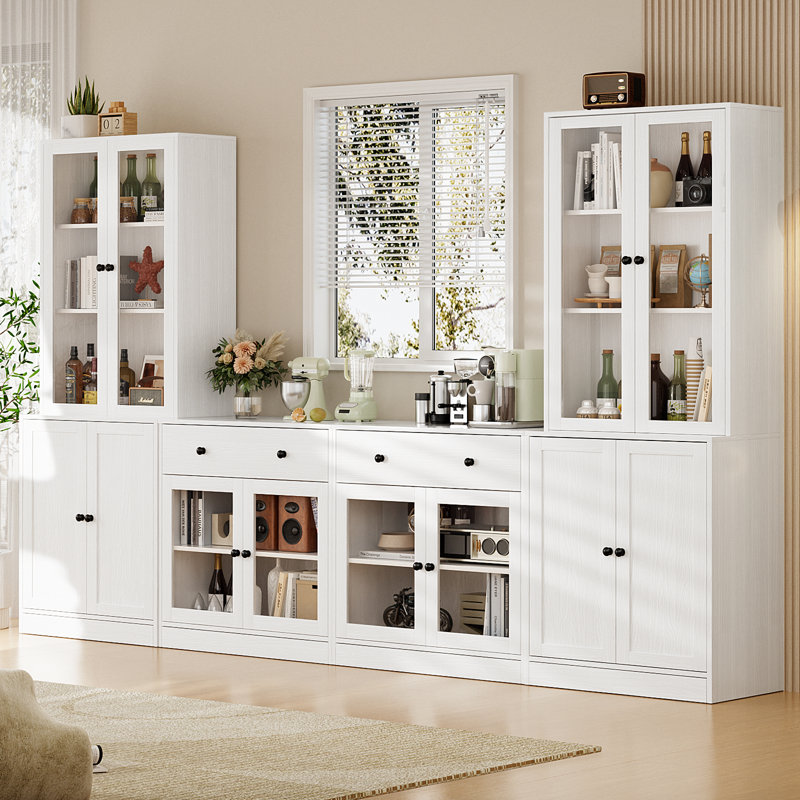 Reshod 71'' Kitchen Pantry With Bookcases, Farmhouse Wall Unit Tv Stand For Tvs Up To 75", White