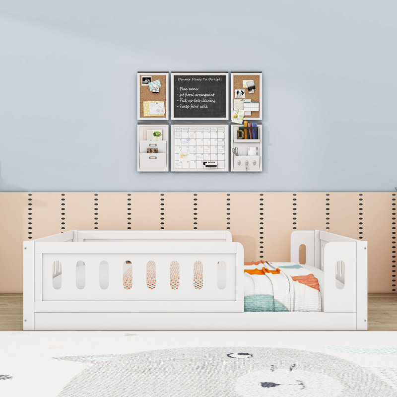 Full Wood Platform Bed With Guardrail, White