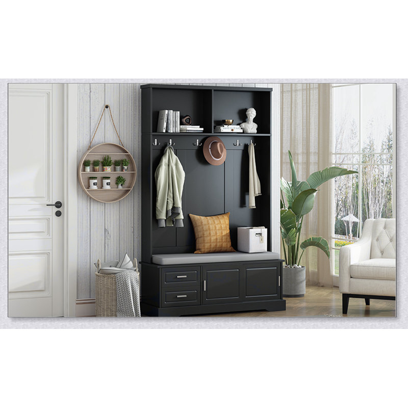 Élégant portemanteau avec portes coulissantes, portemanteau polyvalent avec 6 crochets et poignées, armoire pour vestibule avec rangement pour chaussures