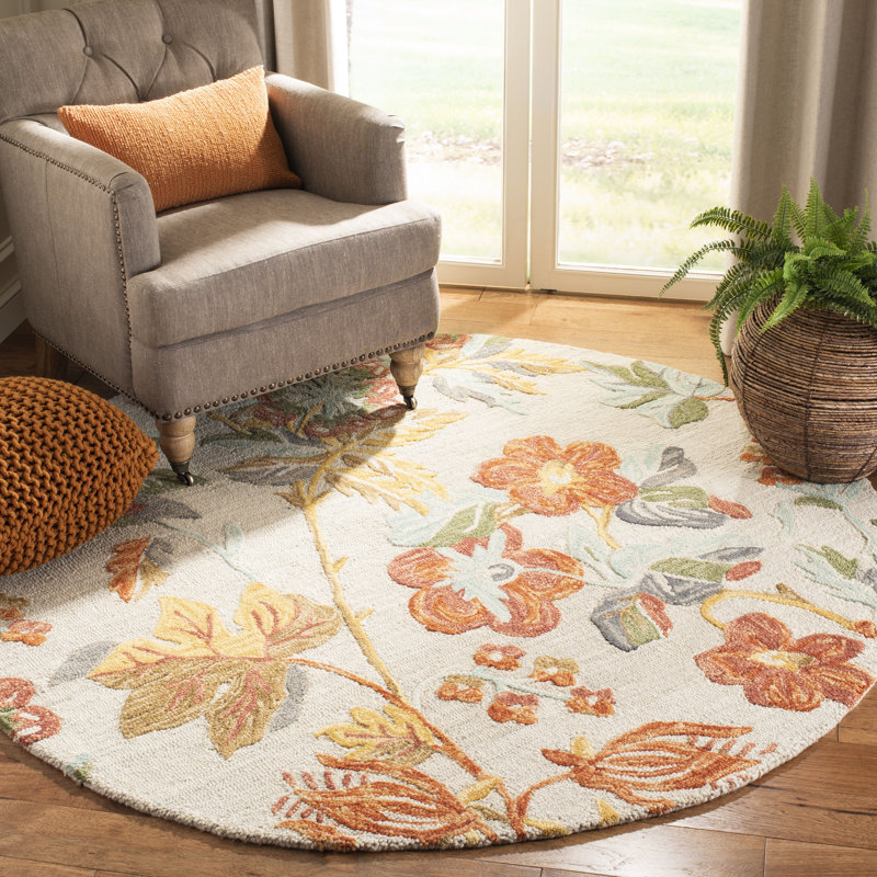 Tapis floral en laine touffeté à la main Emrick, Rond 6 pi