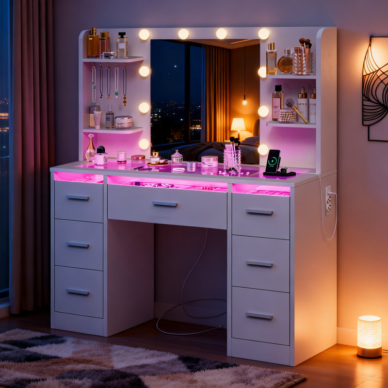 Dressing Table with RGB LED Mirror & Charging Station, Vanity Table with 7 Drawers and 2 Usb Ports