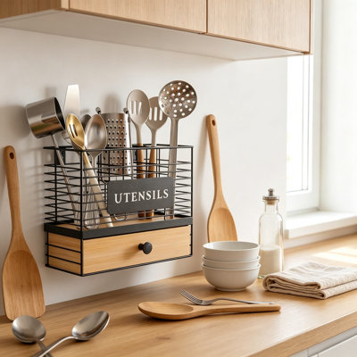 Kitchen Utensil Holder for Countertop with Drawer, 2-in-1 Organizer with Removable Divider, Wall Mount or Counter Use, Metal Frame with Bamboo Drawer for Spatula, Silverware, and Cooking Tools