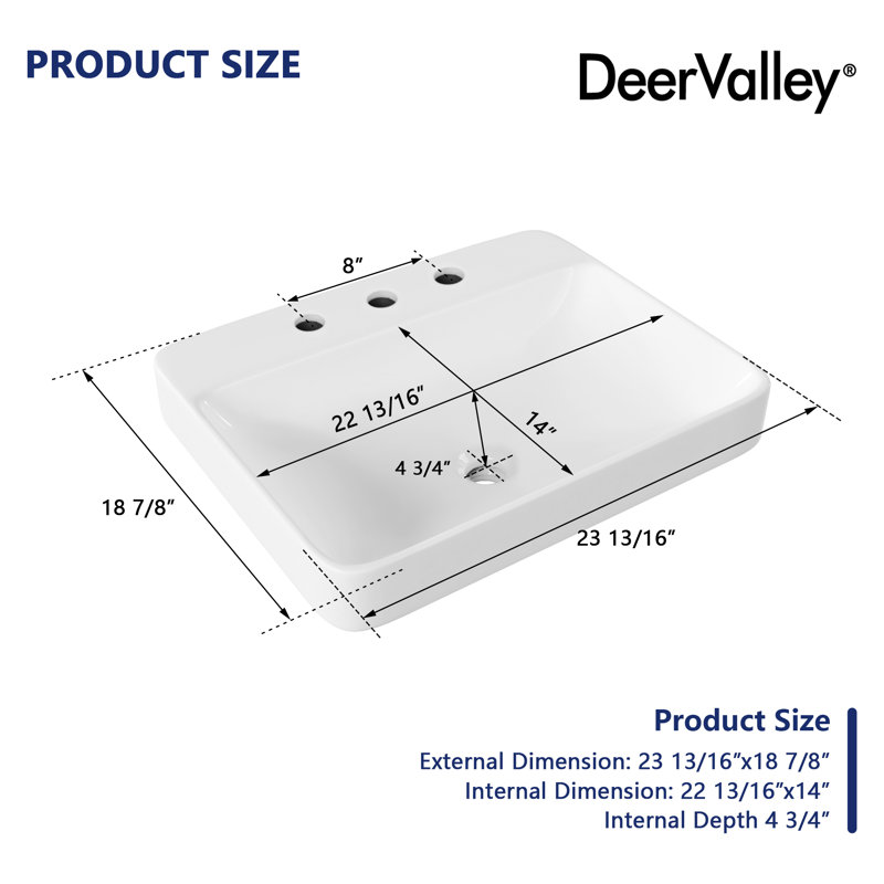 DeerValley 23.82" L x 18.9" W x 6.69" H White Rectangular Vitreous China Drop-in Bathroom Sink with Overflow