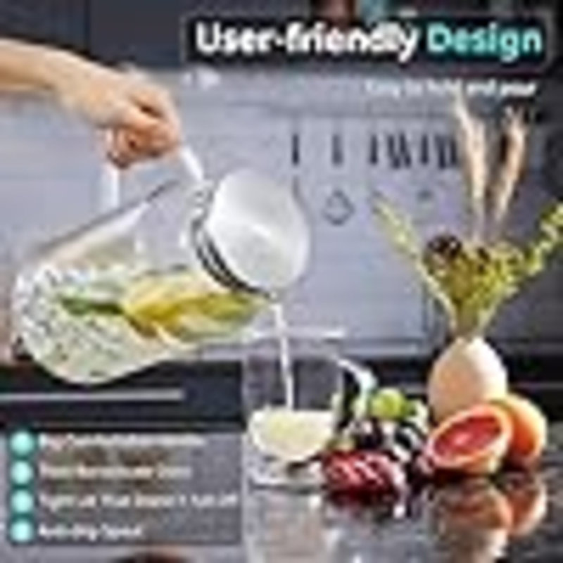 Glass Pitcher With Lid And Spout, Glass Water Carafe For Hot/Cold Water, Iced Tea Pitcher, Large Pitcher For Coffee, Juice And Homemade Beverage