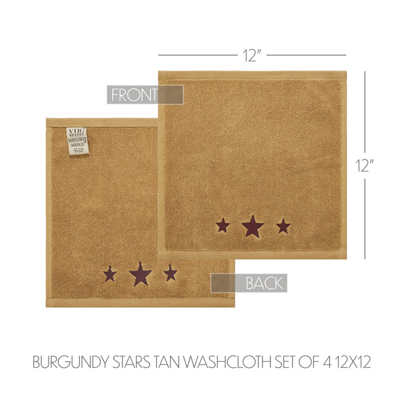 Timeless Linens Burgundy Stars Tan Washcloth Set of 4 12x12, Red/Tan