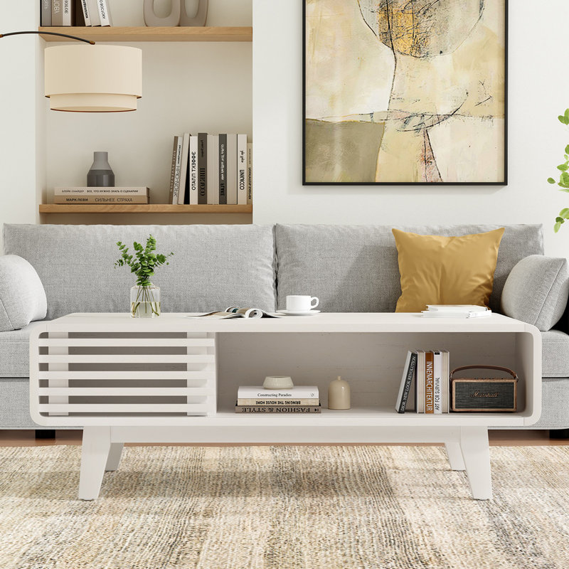 Table basse, tables de salon, table moderne avec rangement, table basse Mid Century, Blanc