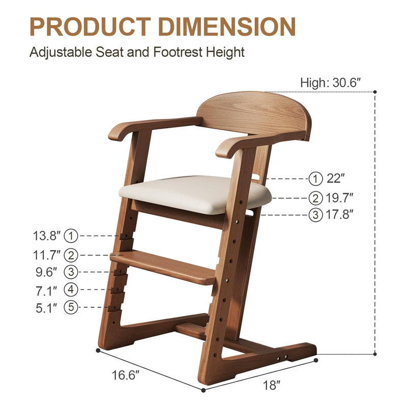 Adjustable Solid Wood Kids High Chair with Locking Wheels, Height Adjustable Seat & Footrest, gray;Brown