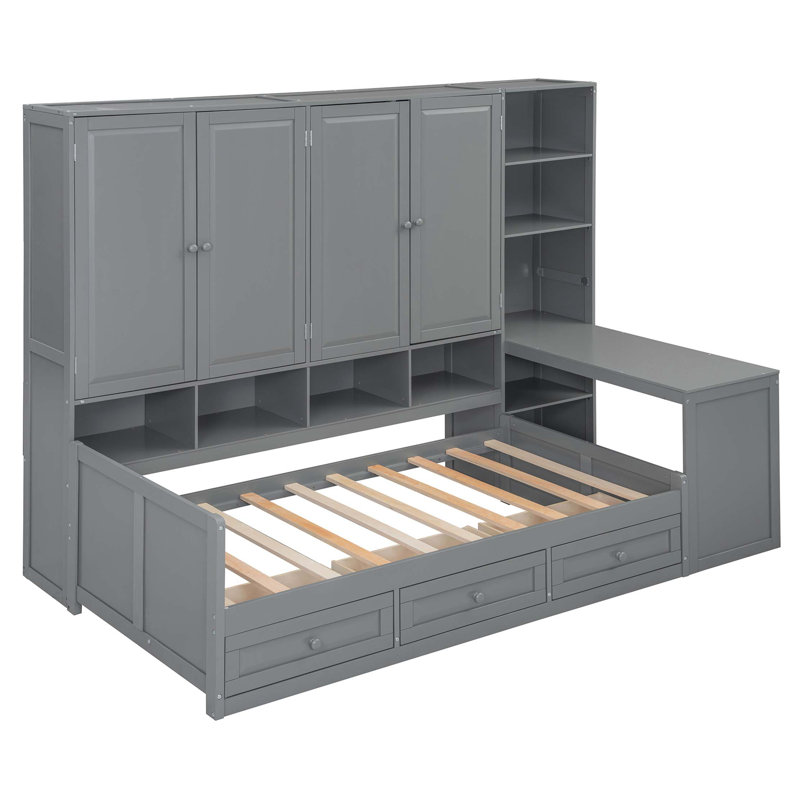 Lit de jour en bois avec trois tiroirs, armoire tout-en-un, bureau et tablettes, Lit simple, Gris