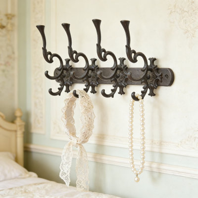 Vintage Cast Iron Wall Hook Rack With 4 Dual-Level Hooks - Heavy Duty Coat And Hat Organizer For Entryway, Bathroom, Mudroom - Decorative Antique Bronze Finish Wall Hanger