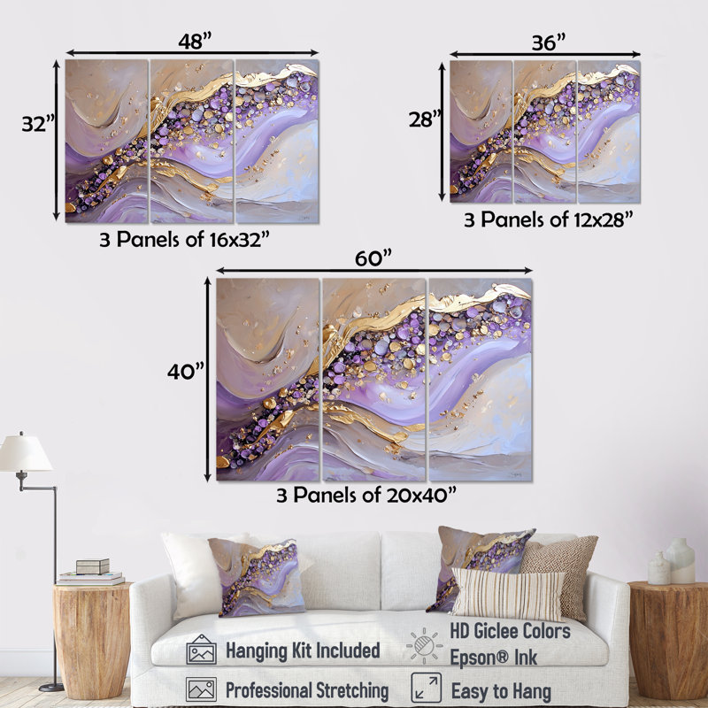 Or et mauve Geode Stones River II, H 40 po x l 60 po, Toile tendue, Ne s’applique pas