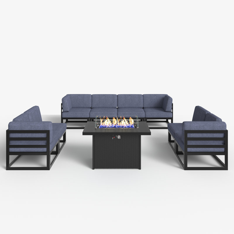 9 - Piece Outdoor Modular Sectional Set with Fire Table, Navy Blue