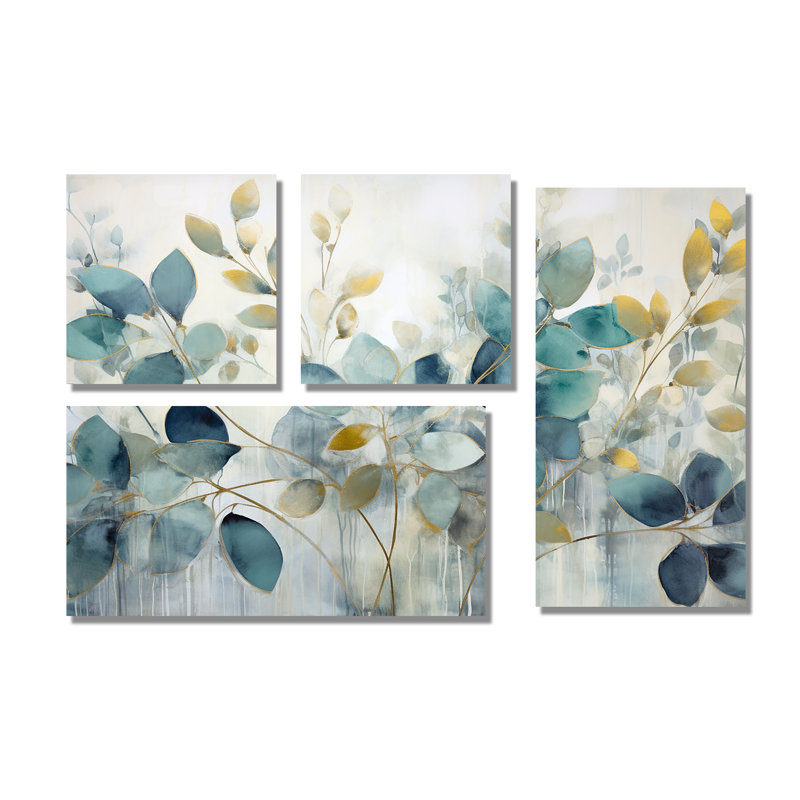 Blue Botanical Rhythms II - Décoration murale moderne bleue 4 pièces, Toile tendue, Ne s’applique pas