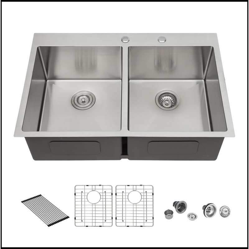 Évier de cuisine à double cuve (50/50) encastrable 33 po x 22 po x 10 po en acier inoxydable de calibre 16 avec deux cuves profondes de 10 po