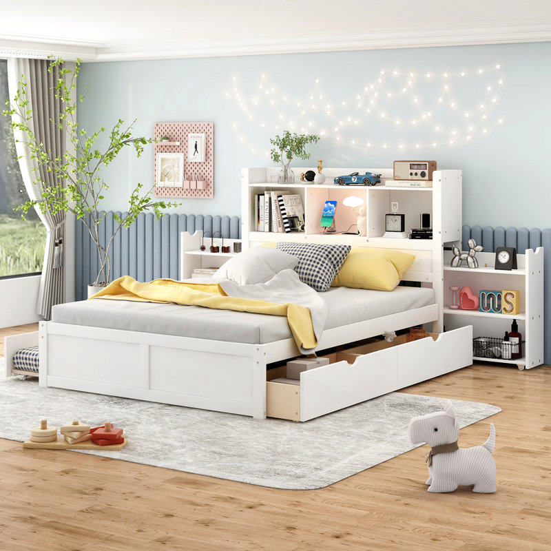 Lit plateforme double avec tablettes coulissantes, lit gigogne simple et 2 tiroirs, blanc