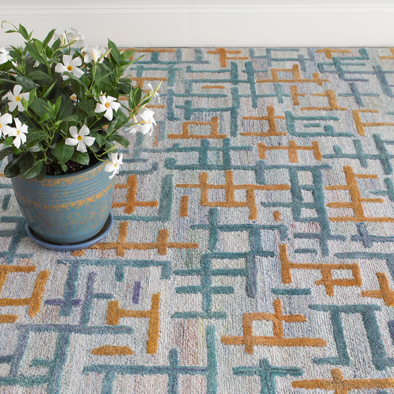 Campbell Hand-Tufted Geometric Indoor/Outdoor Rug Blue/Teal/Orange, Runner 2'6" x 5'