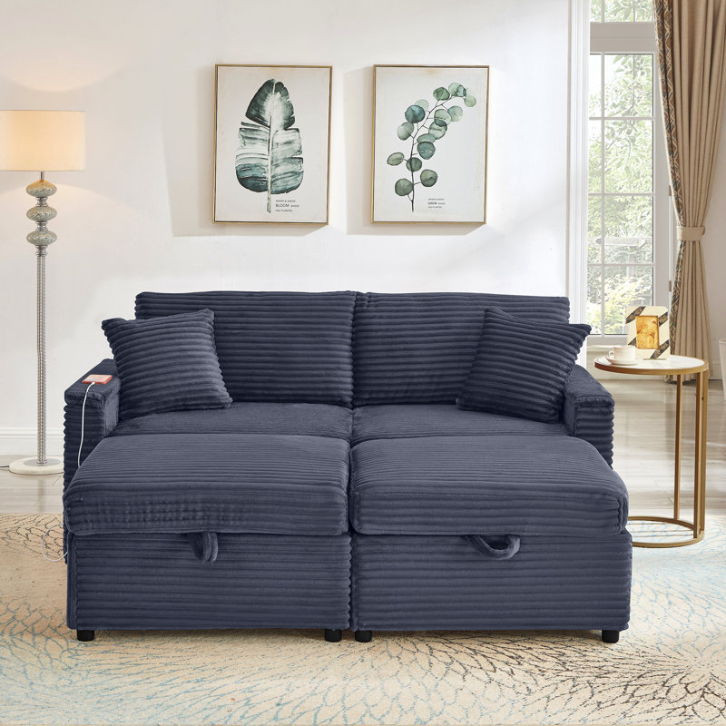 Canapé confortable moelleux en velours côtelé, espace de rangement pour grande causeuse, méridienne super moelleuse avec repose-pieds double et table de bout