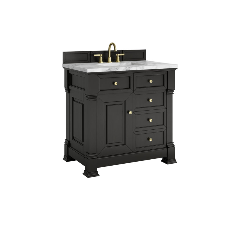 Meuble-lavabo simple 36 po avec plateau Brookfield, Noir onyx, Blanc de Carrare, À entraxe