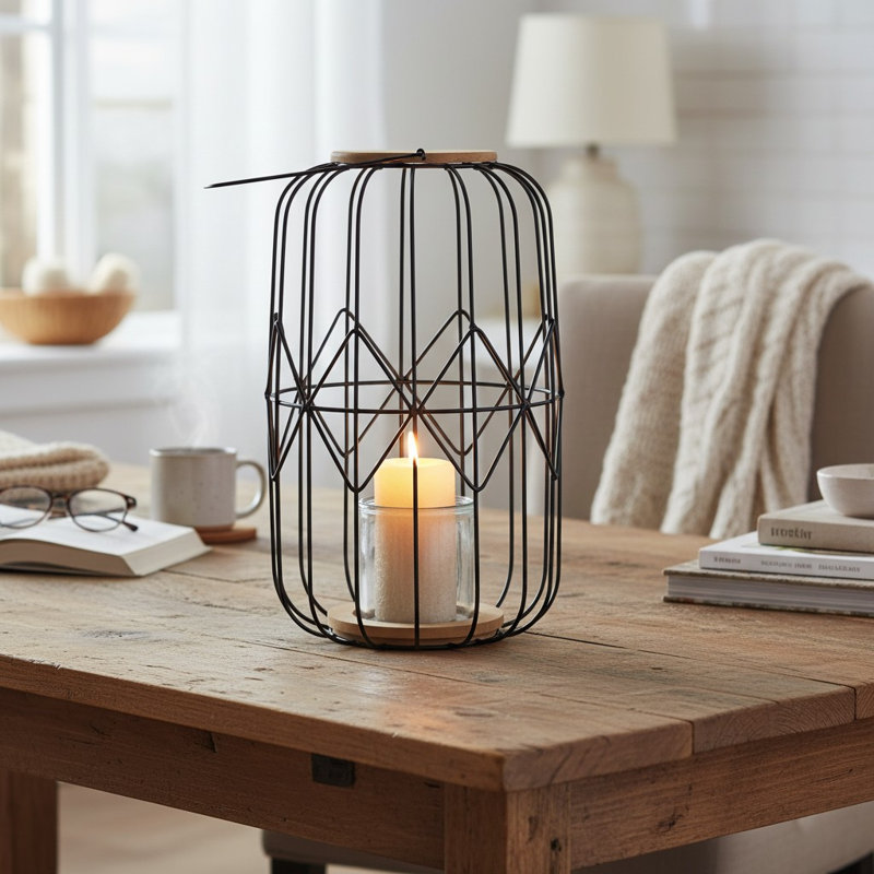 Black Wire Decorative Lantern with Glass – 40cm