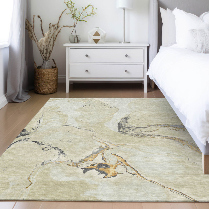 Ivory Abstract Washable Synthetic Rectangular Rug 3' x 5'