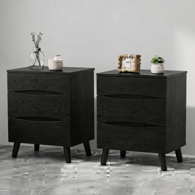 Ensemble de 2 tables de chevet avec 3 tiroirs de rangement - Tables de chevet de 24 po de largeur avec plateau en bois pour la chambre à coucher - Tables de bout modernes pour le bureau de salon