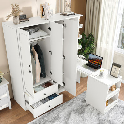 Multifunctional Wardrobe With 2 Doors And Hanging Rod, Wooden Clothes Closet With Convertible Desk And Storage Drawers, Multi-Storage Spaces, For Bedroom, Cloak Room, Laundry, White