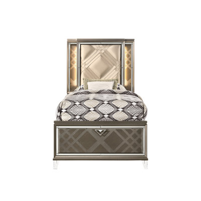 Lit double foncé champagne - DEL, rangement, similicuir avec lumière DEL, lueur