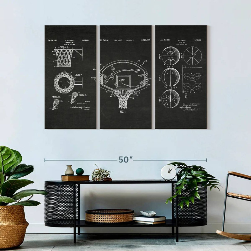 Ensemble de 3 pièces de basketball sur toile, H 32 po x l 50 po x P 1,25 po