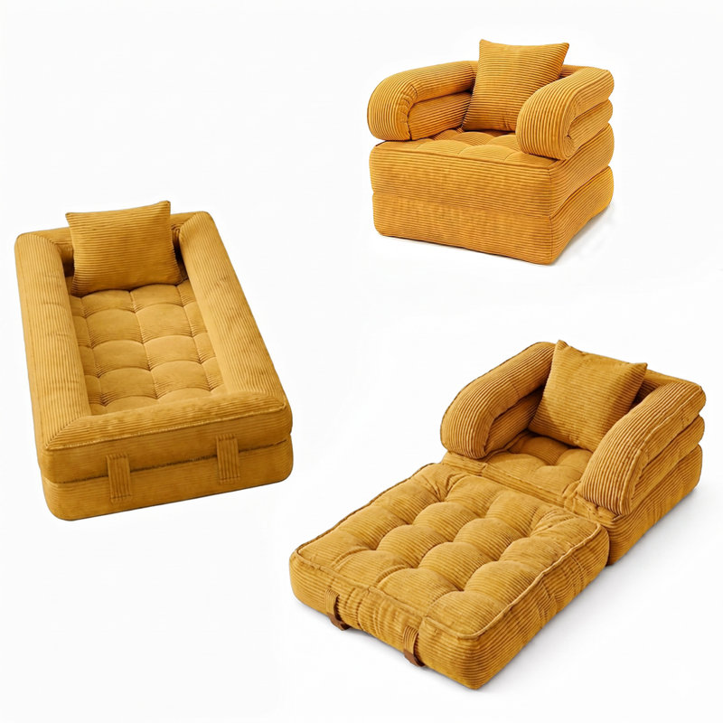 Convertible Corduroy Sleeper Sofa Bed, 3-Position (Sofa/Recliner/Bed) with High-Density Foam, No Assembly Required, Orange