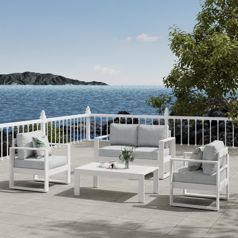 127cm Wide Metal Loveseat with Cushions, White Frame/White Cushion